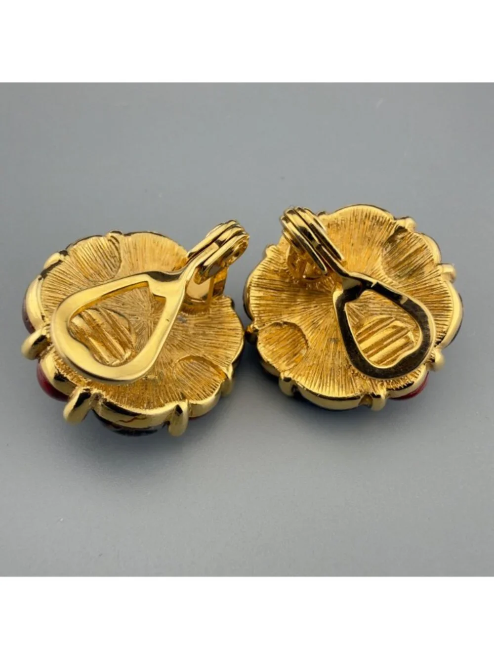 Vintage Monet Clip On Earrings Gold Tone Black Cabochon Cluster Fall Autumn
